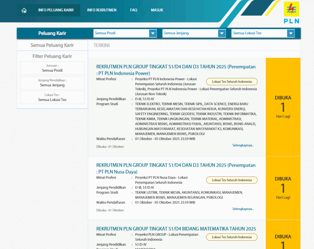 Simak Semua Peluang Karir PLN 2025, Mulai Dari D3 Sampai S1